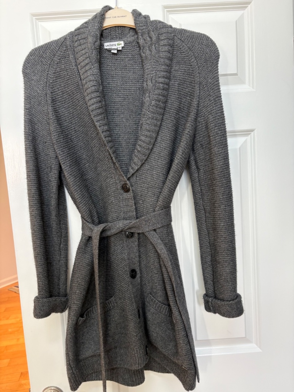 Lacoste Grey Heavy Knit Cardigan, Wool/Viscose/Cashmere blend, wrap belt.